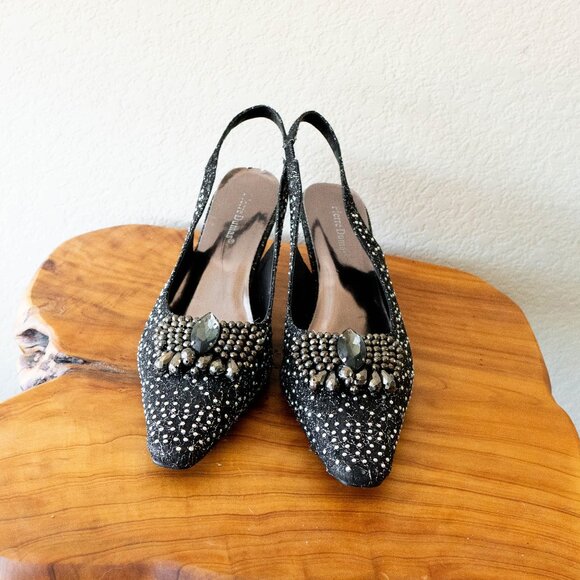 Pierre Dumas Black Glitter Slingback Heels Size 11 Rhinestone Embellished Shoes - Picture 4 of 10